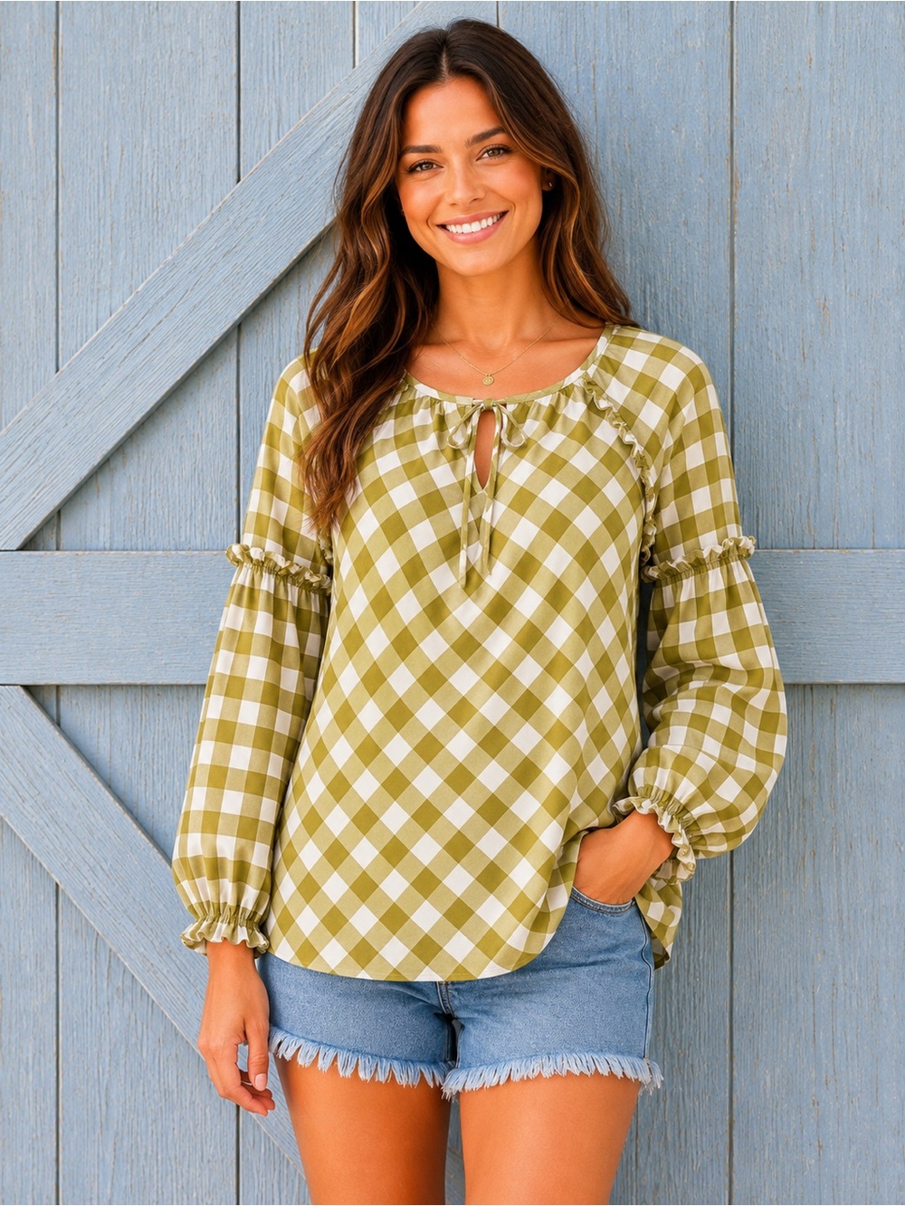 Pioneer Woman Green White Gingham Ruffle Balloon Sleeve Blouse NWT Plus 1X